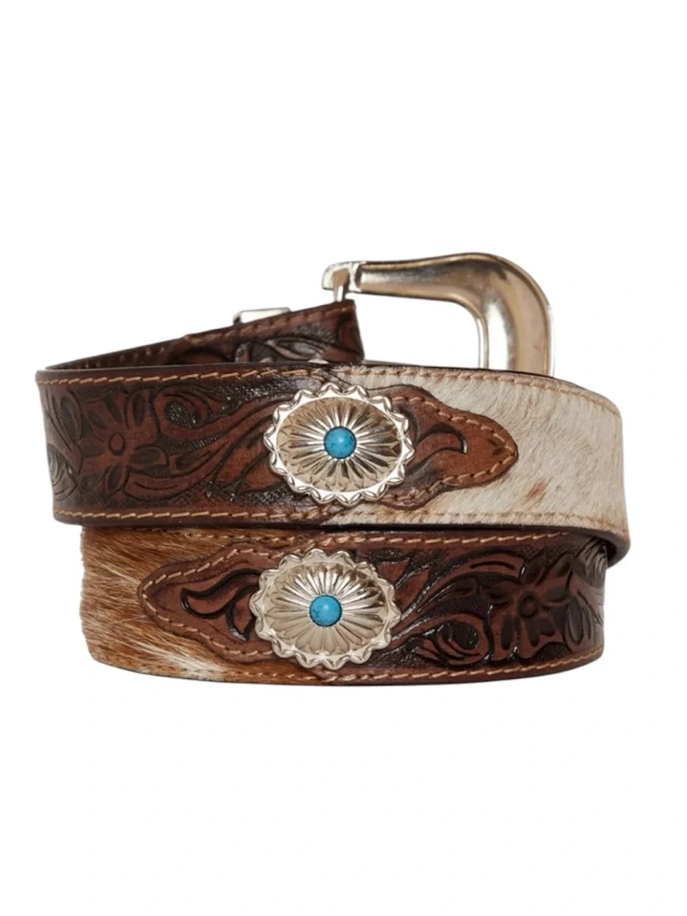 Brown Leather Western Belt Tooled Leather Hide Details Concho Details